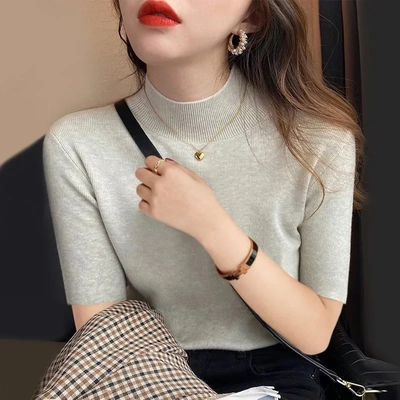 

2024 Spring Summer Womens Sweater Short Sleeve Turtleneck Slim Fit Knitted Pullovers Bottoming Casual Knitwear Camel Clothes