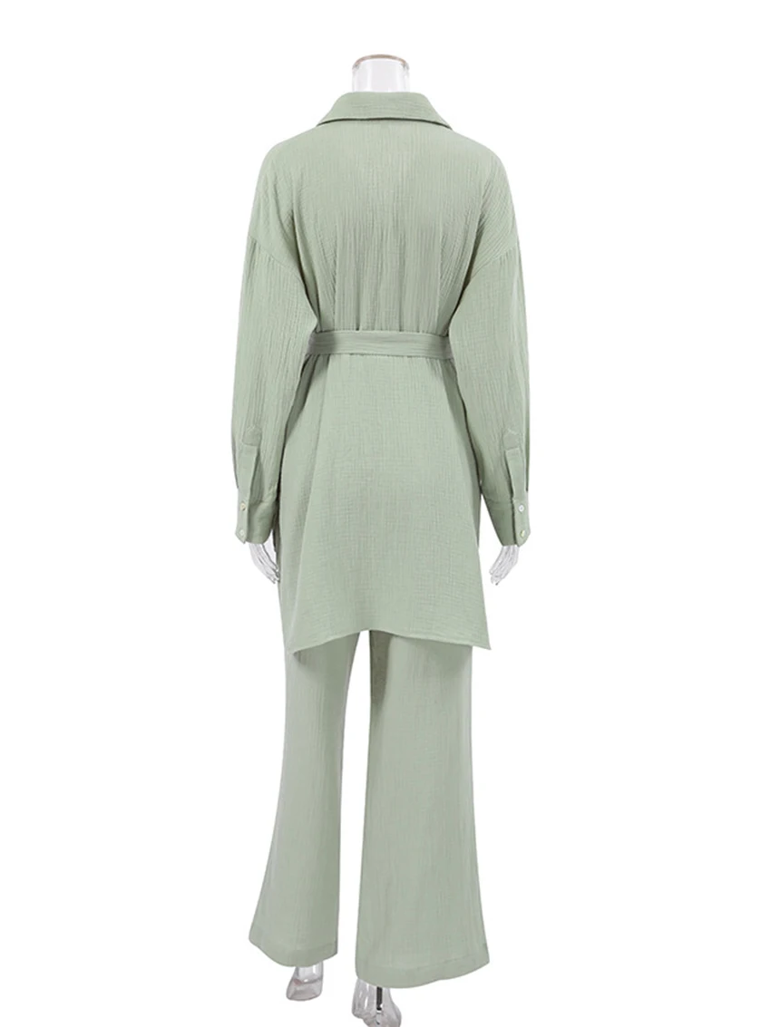 Marthaqiqi Solid Cotton Long Sleeve Women Sleepwear Set Loose Turn-Down Collar Nightwear Drawstring Trousers 2 Piece Pajama Suit