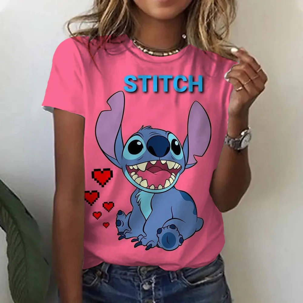 thumbnail image 1 of Nueva camiseta estampada de Disney Lilo & Stitch para mujer, camiseta de verano con cuello redondo, ropa de diseño informal de moda para mujer, 1 of 5