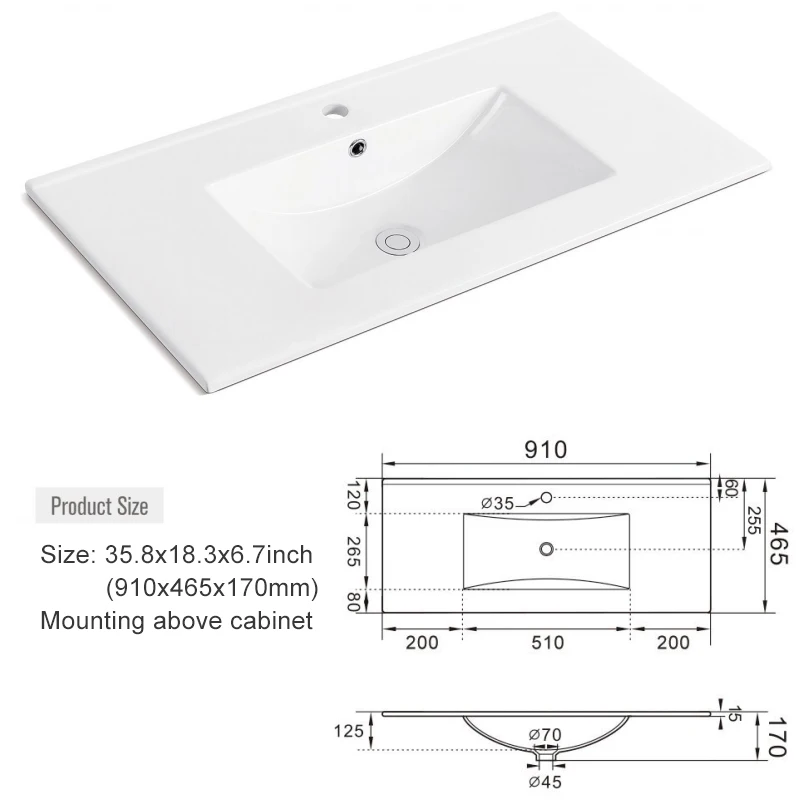 1pc 36 inch Porcelain Ceramic Vanity Sink Top, Surface Bathroom Vessel Sink Basin with Single Faucet Hole, Rectangular, Glossy 6