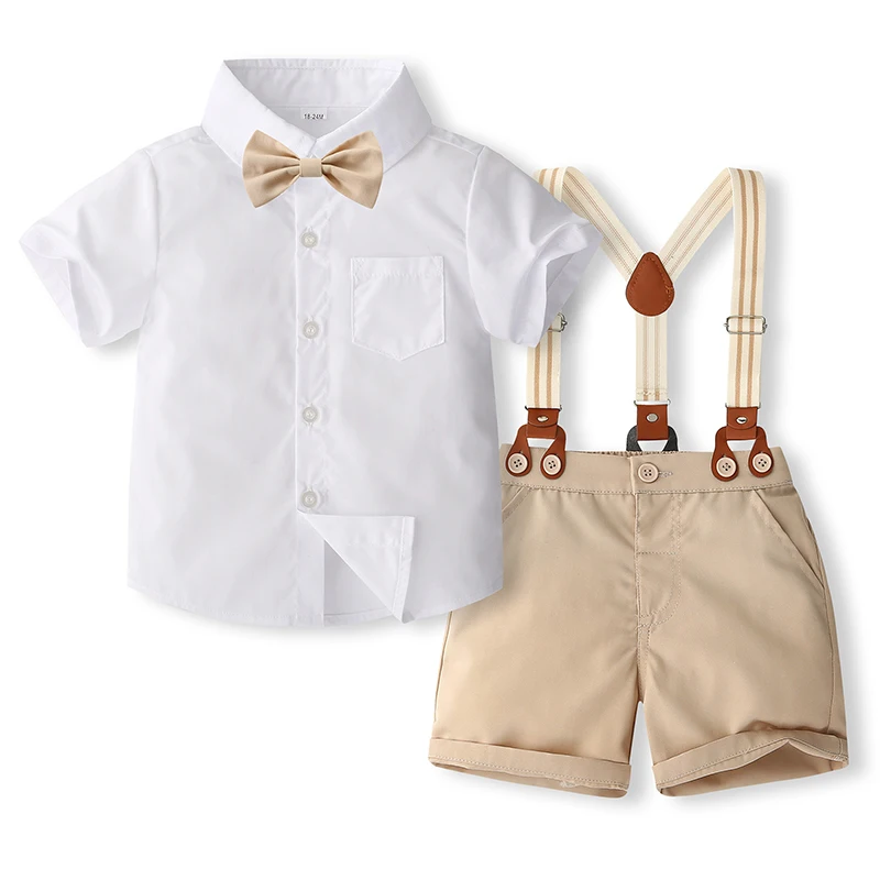 

Toddler Boy Shorts Set Solid Color Short Sleeve Button Shirt with Suspend Shorts 2Pcs Gentleman Outfit