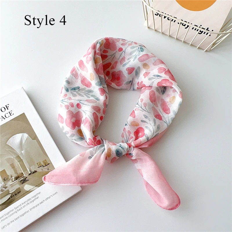 Girls Cotton Linen Small Square Scarf Hijab Shawl Korean Chic Floral Printed Headband Neckerchief Hair Accessoories 58*58cm 4