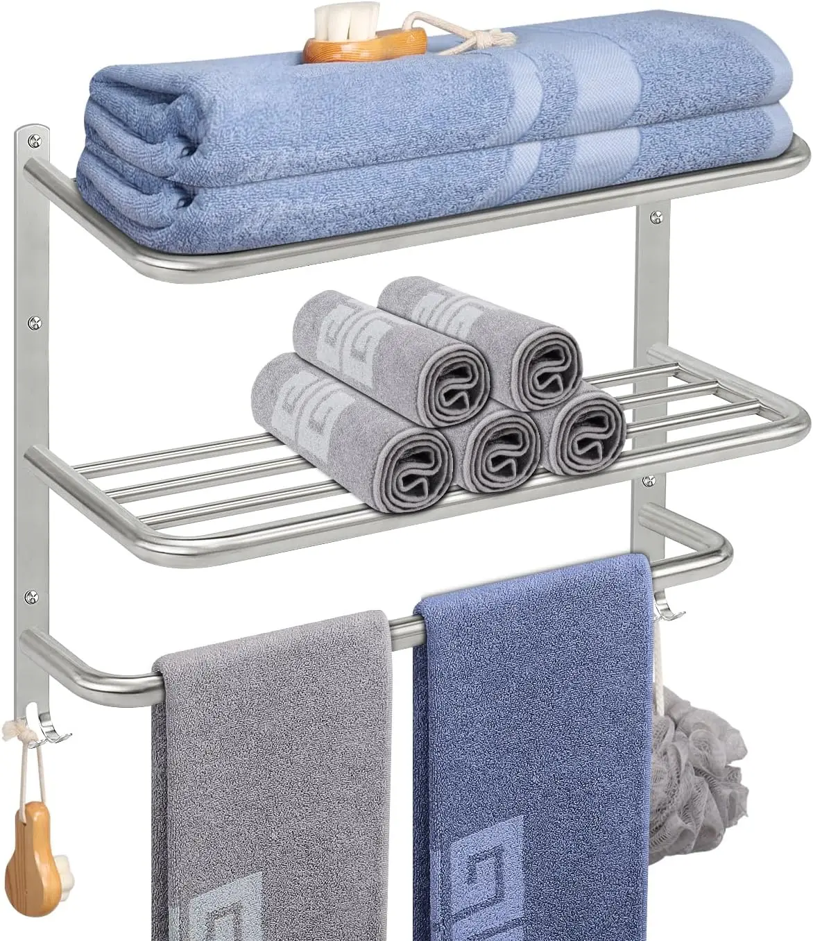 3-Tier Towel Holder with Hooks, SUS304 Stainless Steel Towel Hanger, Wall Mounted Shelf Storage, Bathroom Accessories