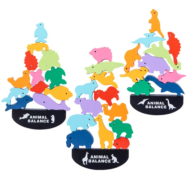 Children Wooden Animal Balance Blocks Board Games Toy Dinosaur Educational Stacking High Building Block Wood Toy Boys 6