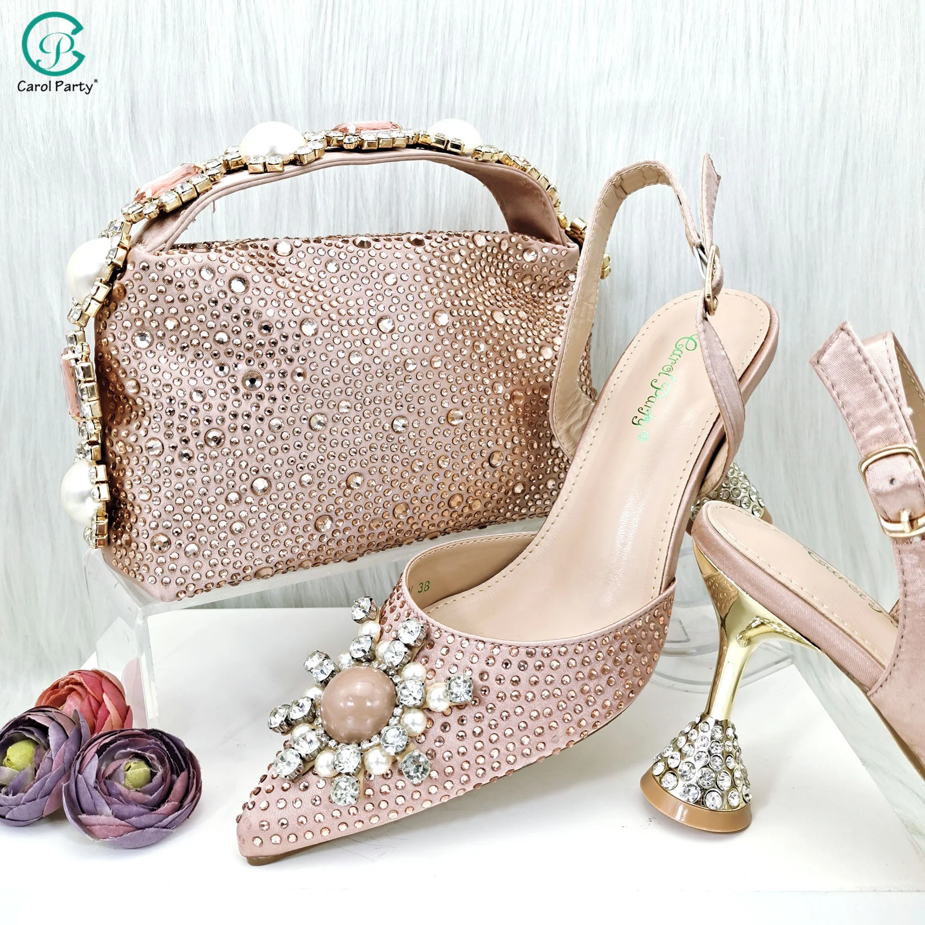 

Carol Party Nigerian Ladies Favorite Style Peach Rhinestone Embellished Fashions Pointed Toe Pumps With Clutch Bag Set