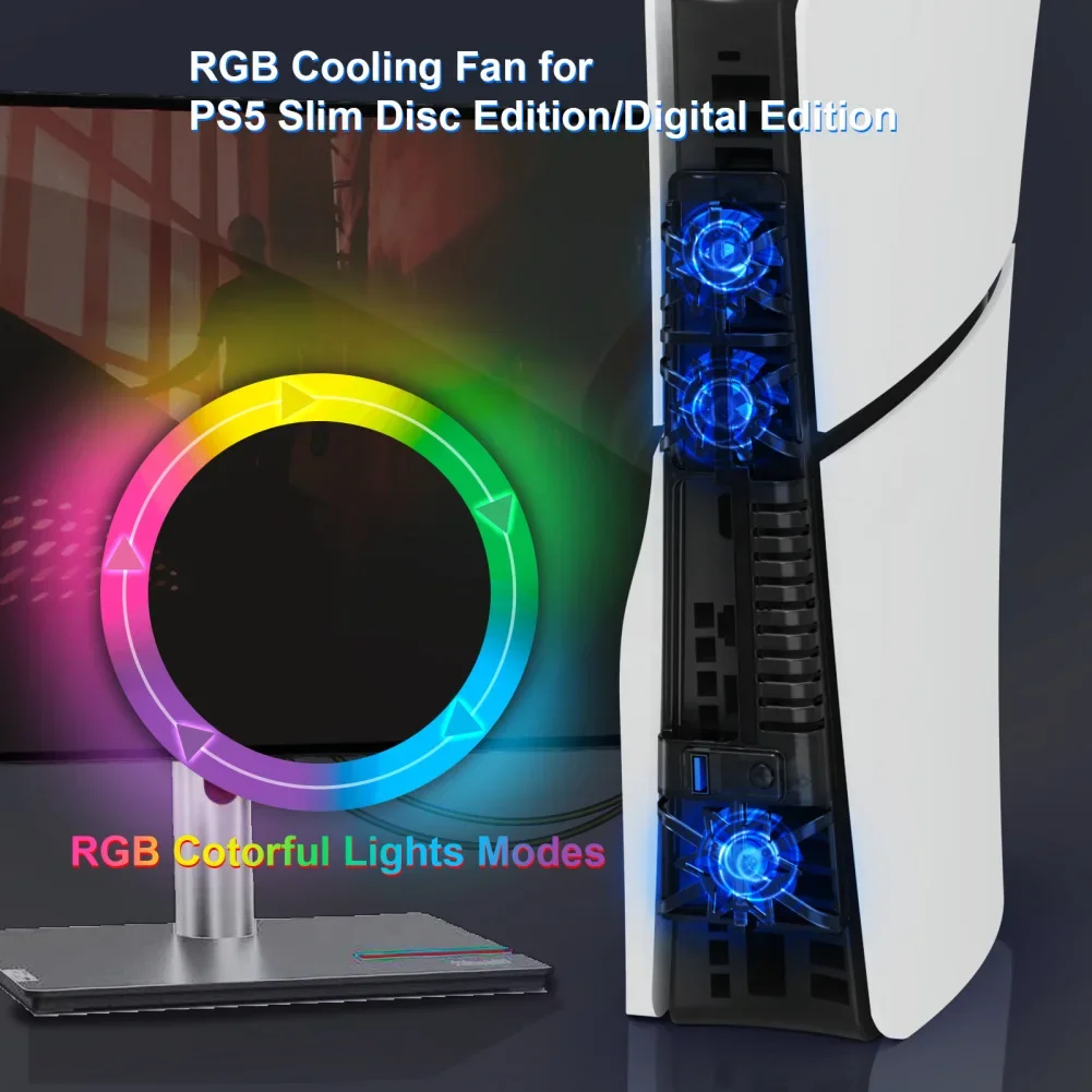 For PS5 Slim Cooling Fan With RGB Light 3 Cooling Fans High Efficient Cooler System 3 USB Port for PS5 Disc/Digital Edition