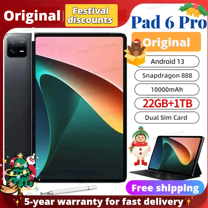 

2024 Original Global Version Tablet Android 13 Pad 6 Pro 16GB+1TB Snapdragon 888 Tablets PC 5G Dual SIM Card WIFI HD 4K Mi Tab