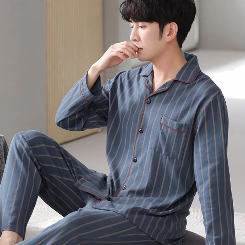 2024 New Pajamas Men Spring Autumn V-neck Sleepwear Cotton Long-sleeved Loungewear Youth Loose Cardigan Leisure Homewear Suit men s spring autumn cotton dark blue pajamas crew neck long sleeve suit home suit men s pajamas cardian sleepwear nightgown