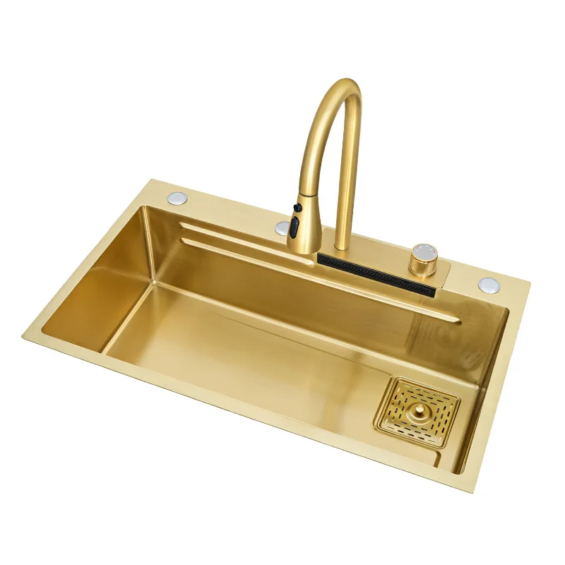Gold 304 Stainless Steel kitchen Waterfall Sink,Vegetable Washing Basin,Large Single Slot,Middle And Lower Basin,Thickened