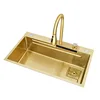 Gold 304 Stainless Steel kitchen Waterfall Sink,Vegetable Washing Basin,Large Single Slot,Middle And Lower Basin,Thickened 2