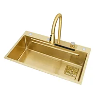 Gold 304 Stainless Steel kitchen Waterfall Sink,Vegetable Washing Basin,Large Single Slot,Middle And Lower Basin,Thickened 2