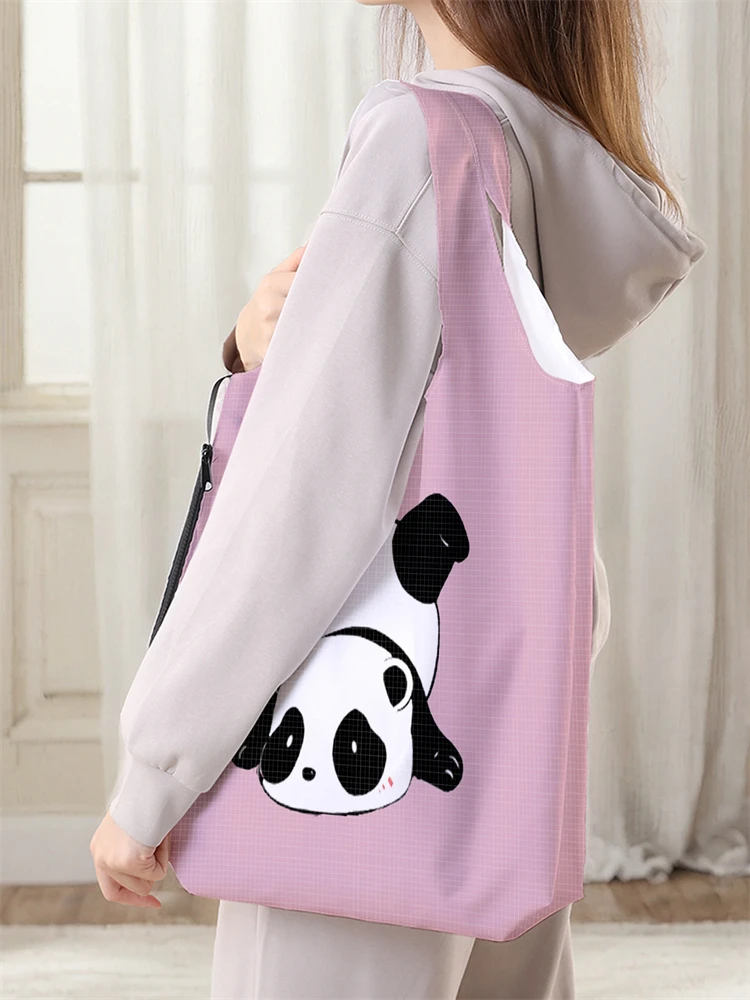 Ladies' Foldable Cartoon Panda Pattern Large Shopping Bag Foldable Storage Reusable Easy to Carry Capacity Handbag