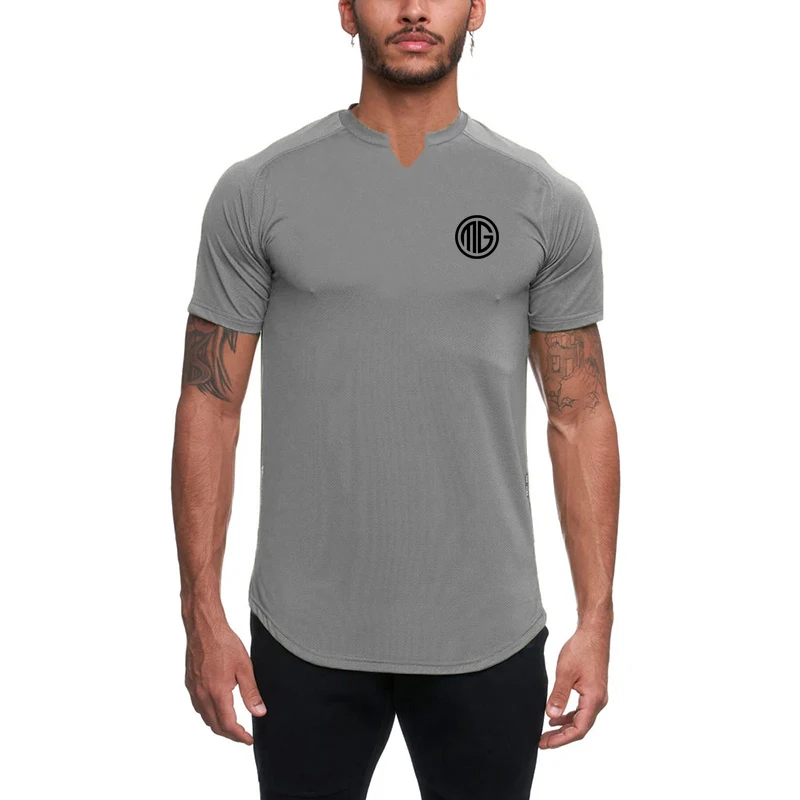 

Summer Fitness Bodybuilding Workout Solid Print Tops Gym Running Sport T-shirt Men Short Sleeves Quick Dry Tshirt Slim Fit Shirt