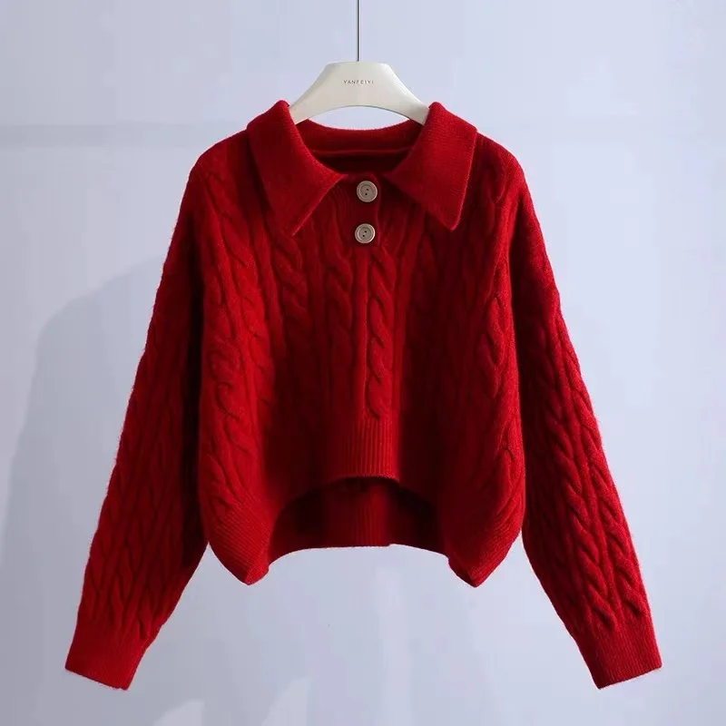 Autumn Elegant Casual Knitwear Winter New Women's Long Sleeve Short Sweater Fashion Polo Collar Button Pullover Knitted Top