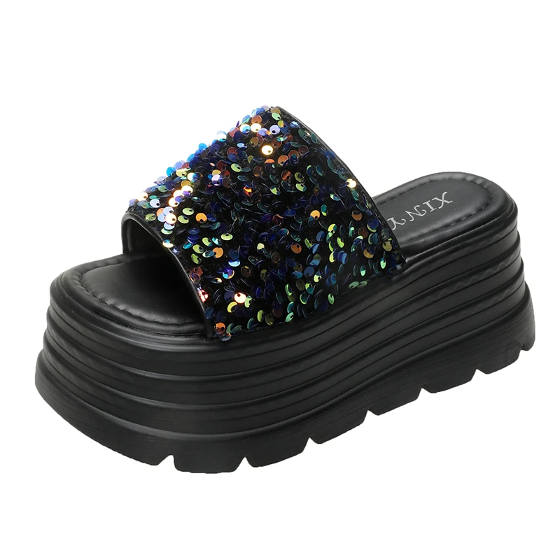 8.5cm Synthetic Slip on Platform Wedge Fashion Sandal Bling