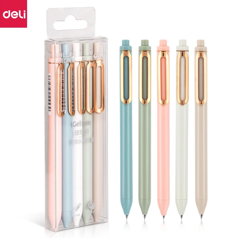 델리 Nusign 5 개/몫 젤 펜 세트 0.5MM 블랙 잉크 개폐식 Caneta Ballpont 펜 pучеа 사무실 학교에 대한 교체 가능한 블루 리필 