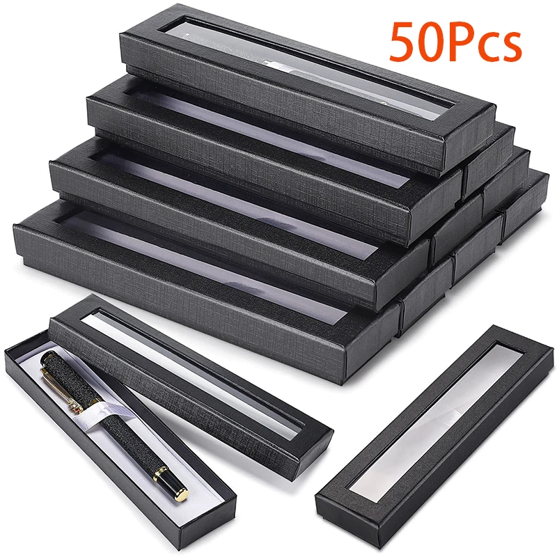 50pcs-empty-pen-cases-with-clear-lid-pen-display-boxes-black-ballpoint-pen-gift-box-pencil-boxes