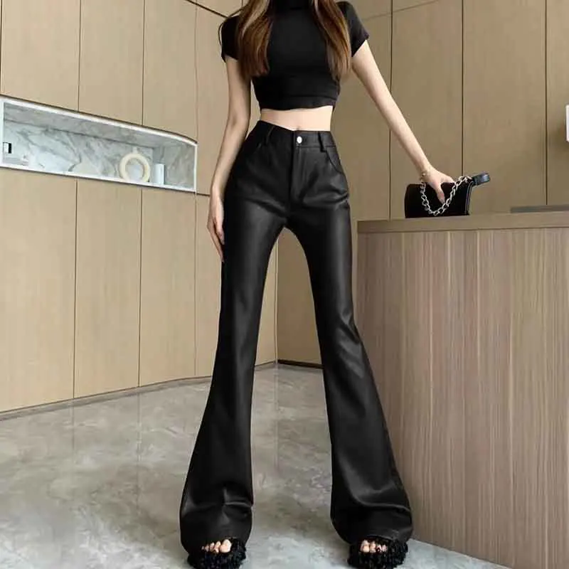 

Fashion Pu Artificial Leather Flare Pants Women Autumn Korean High Waist Club Party All Match Trousers Gothic Chic Streetwear