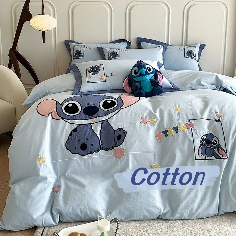 

Disney Sticth Anime Cute Cartoon Cotton Bedding Four-piece Girl Heart Kawaii Skin-Friendly Bed Sheet Quilt Cover Children's Bed