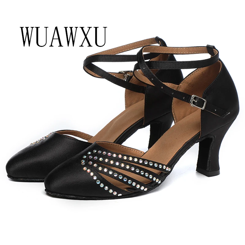 NATASHA Latin Dance Shoes Women's 2023 New Style Diamond Dance Shoes Summer Sandals Medium High Heel Soft Sole Square Dance Shoe