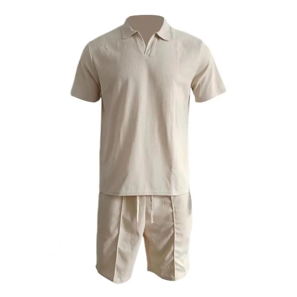 

Men Drawstring Elastic Waist Outfit Men Loungewear Men's Casual Summer Outfit Set with V-neck T-shirt Wide Leg Shorts for Men