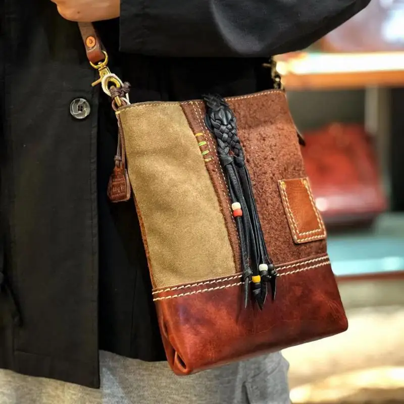 

Vintage High Quality Suede Vegetable Tanned Cowhide Crossbody Bag, European And American Fashion Heavy Industry Tassel Women Bag