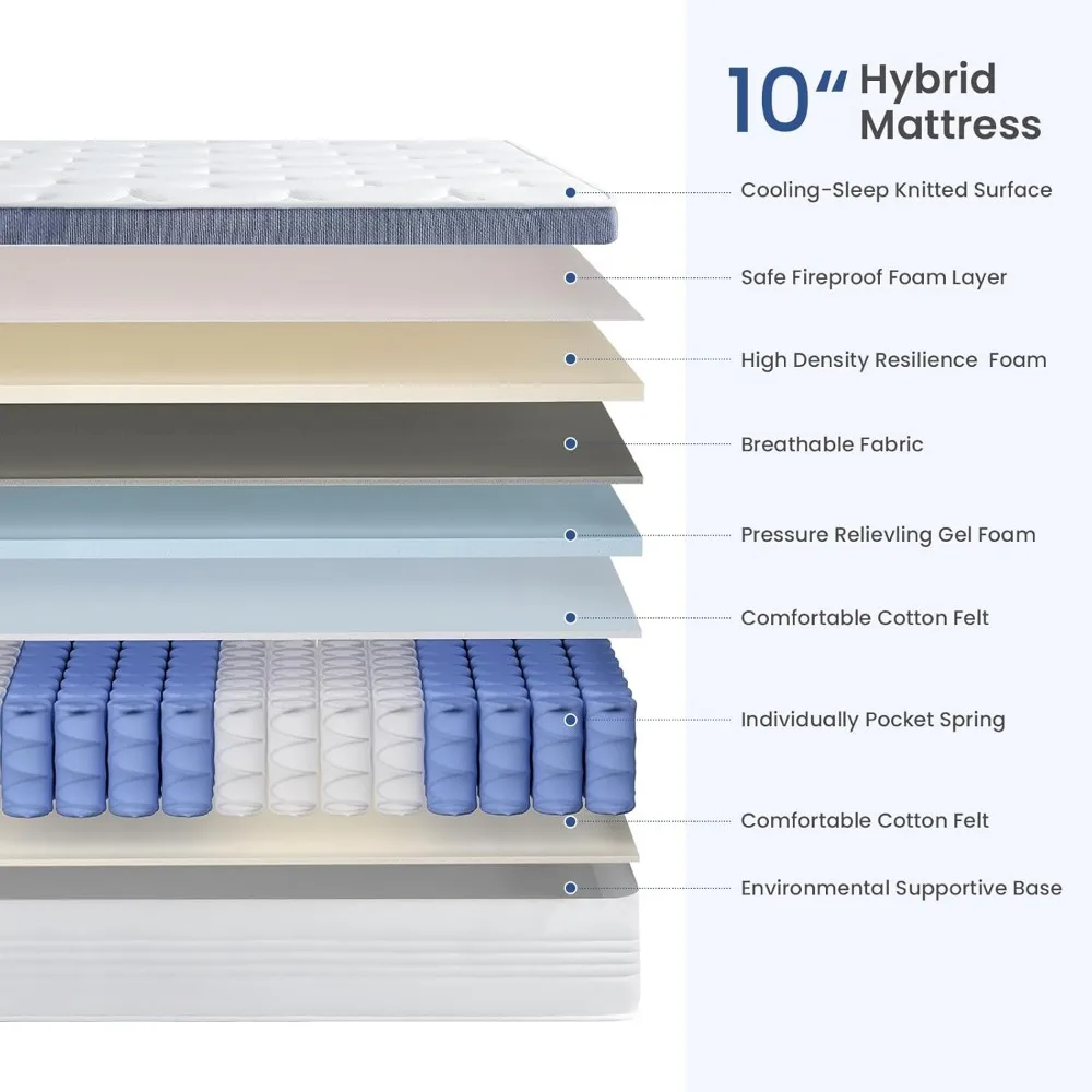 Mattress,10 Inch Hybrid Mattress with Cooling-Gel Memory Foam and Individually Pocket Innerspring,Breathable and Pressure Relief 2