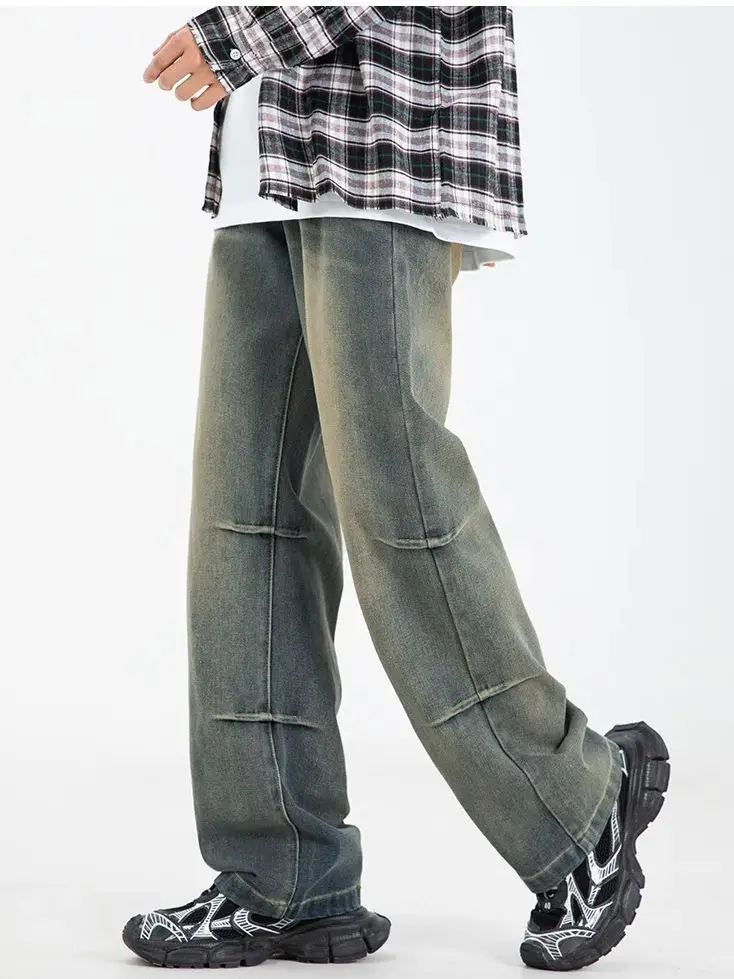 American Retro Washed Jeans Men's Leg Pleated Micro-Large Pants Casual Loose Straight Pants Soft Styles