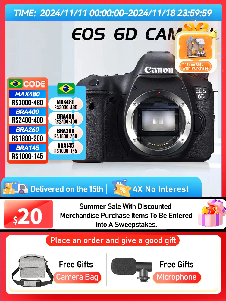 Canon EOS 6D 6D Mark II Full Frame Digital SLR Professional Photographer Photography 20.20MP 4K Video Cameras II 6DII（Used）