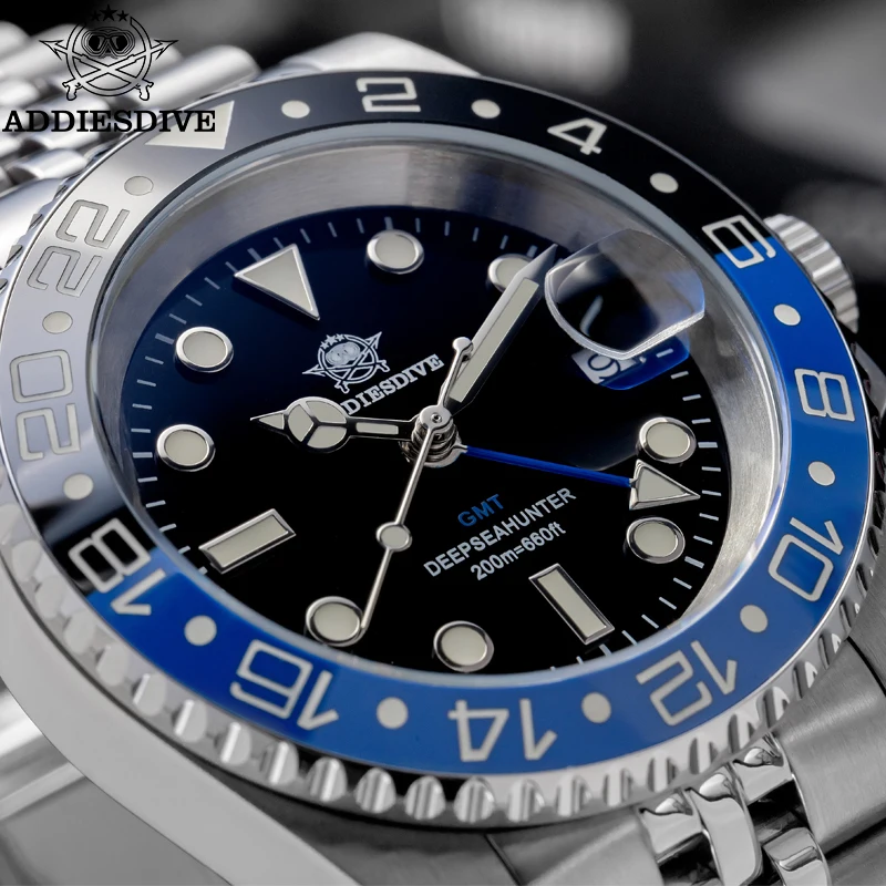 ADDIESDIVE New Men Watch  20Bar Waterproof BGW9 Super Luminous Ceramic Bezel 316L Stainless Steel GMT Quartz Watch reloj hombre
