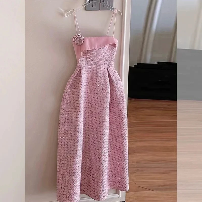 

Runway Summer Pink Tweed Spaghetti Strap Midi Dress Sweet Sexy Women Strapless Rose Floral Backless Ball Gown Prom Party Dresses