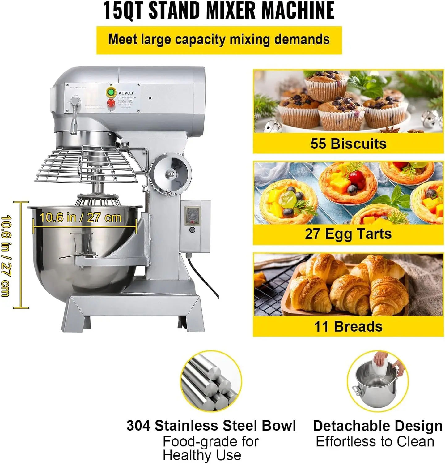 15Qt Commercial Food Mixer with Timing Function， Commercial Mixer 500W Stainless Steel Bowl Heavy Duty Electric Food Mi 3