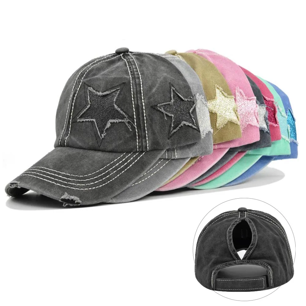 Baseball Cap Women Ponytail Washed Cotton Sun Female Pentagram Sequins Hip Hop Snapback Adjustable Sport Golf