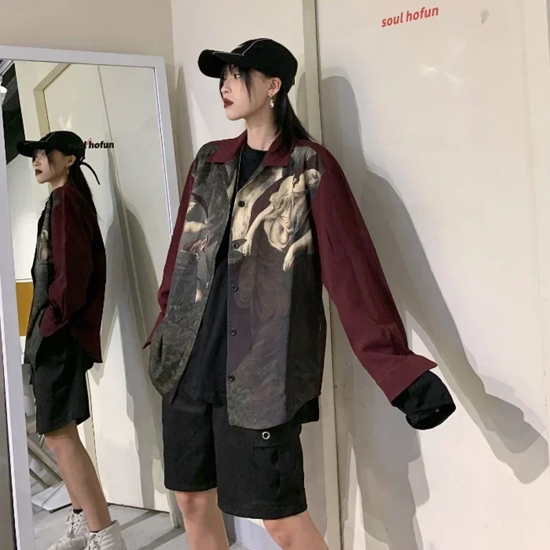 빈티지 엔젤 프린트 블라우스 셔츠 일본 streetwear 블라우스 카디건 긴 소매 오버 사이즈 탑 여성 남성 의류 y2k 셔츠