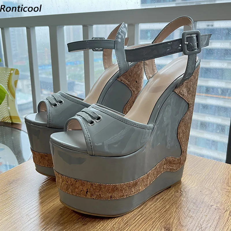 

Ronticool Handmade Women Platform Sandals Shiny Wedges High Heels Peep Toe Pretty Grey Cosplay Shoes Ladies US Plus Size 4-15
