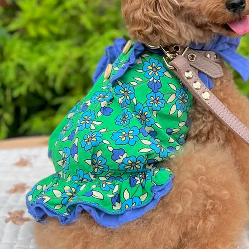 Pet Dog Maltese Teddy Vest Cotton Floral Bow Stand-up Collar Dress