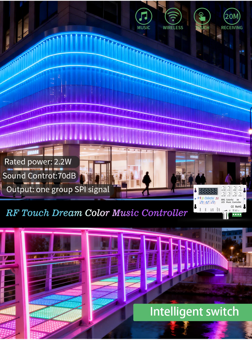 WS2815 WS2811 UCS1903 LED Strip Light Controller DC12-24V - Music, Colorful X4, BRG Remote SPI Pixels 18 S6338e883b1884c7d9ee1cea6cc5885acz