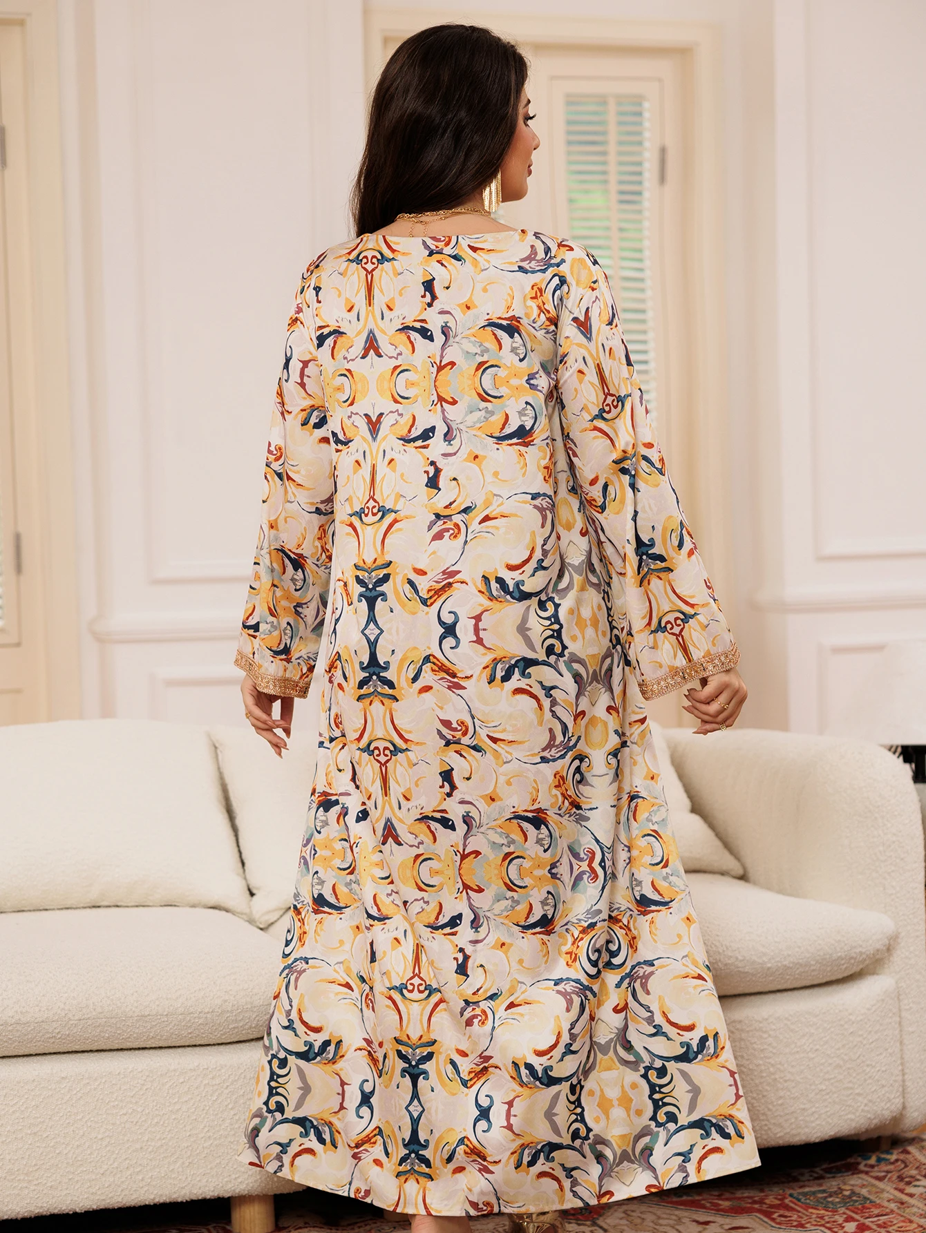 فستان ماكسي نسائي متعدد الألوان ، أكمام طويلة ، دا...