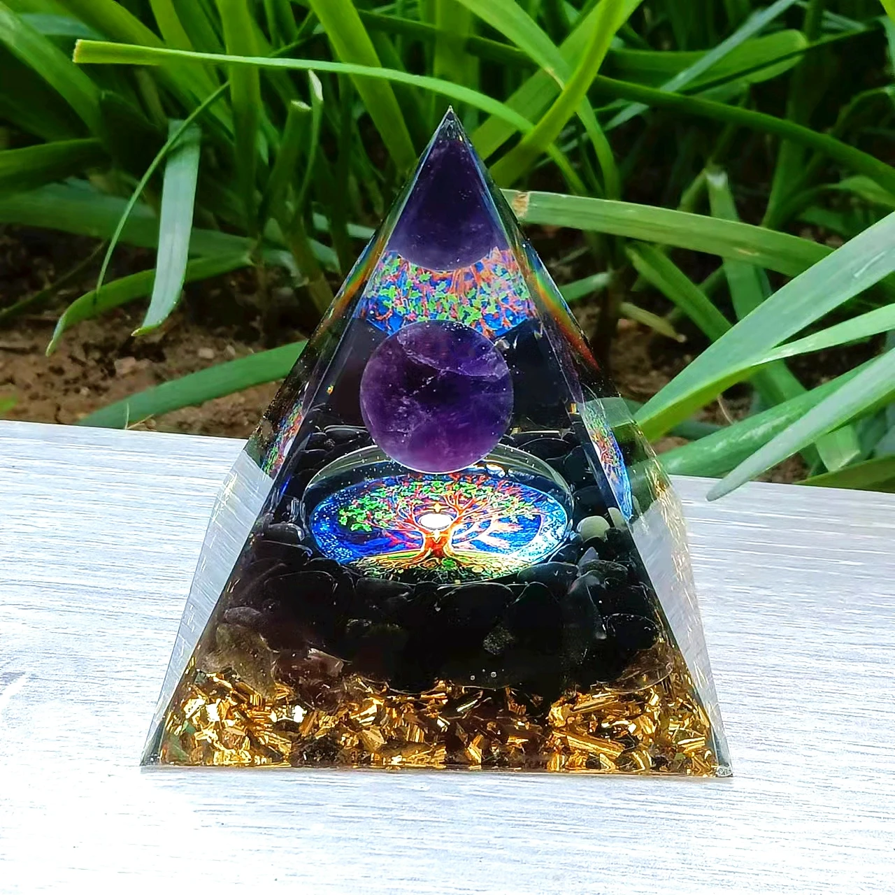 

Energy Generator Orgone Pyramid Amethyst Peridot Healing Natural Crystal Reiki Chakra Generator Orgonite Pyramid Meditation Tool