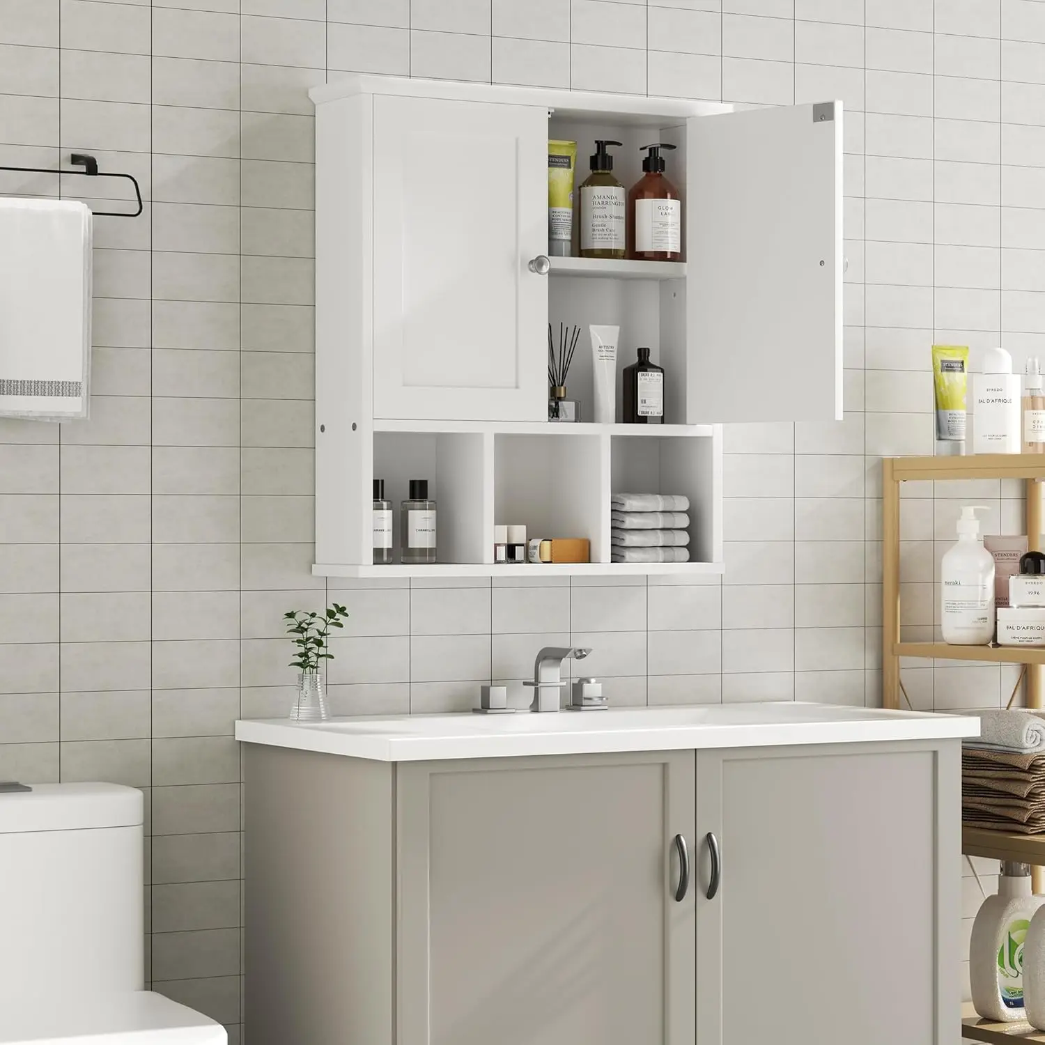 Bathroom Wall Cabinet with Door, Storage Organizer Over The Toilet Medicine, Space Saving with Adjustable & Open Shelf