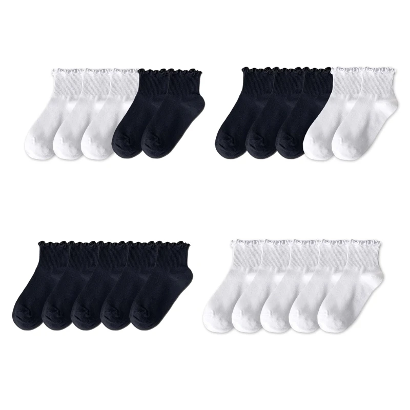 

5 Pairs Women Cotton Ankle Socks School Student Summer Ruffle Trim Crew Socks