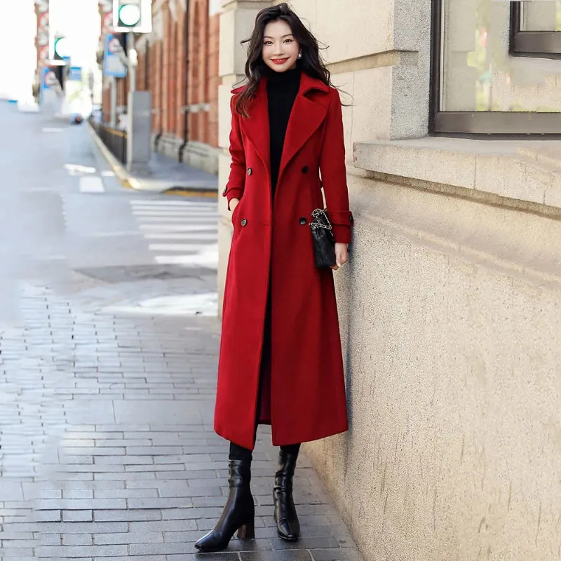 

Big Red Casual Wool Trenchcoat Women's Overcoat New Autumn Winter Fashion Loose Mid-Length Belt Double-Breasted Chic Wool Coat