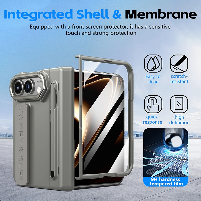 Premium Matte Finish Phone Case Kit with Wrist Strap, Stylus Pen, Screen Protector, Lens Frame, and Kickstand Hinge Guard