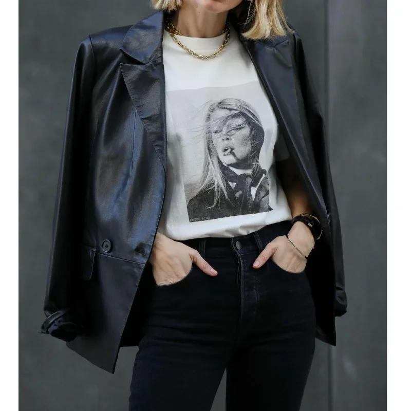 

New York Street 2023 Spring/Summer Beauty Portrait Print Retro Cotton Round Neck White T-Shirt