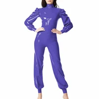 Plus Size PVC Hight Street Romper Fashion High Neck Back Zipper Long Jumpsuit Women Puff Long Sleeve Solid Color Party Playsuit - Image 3