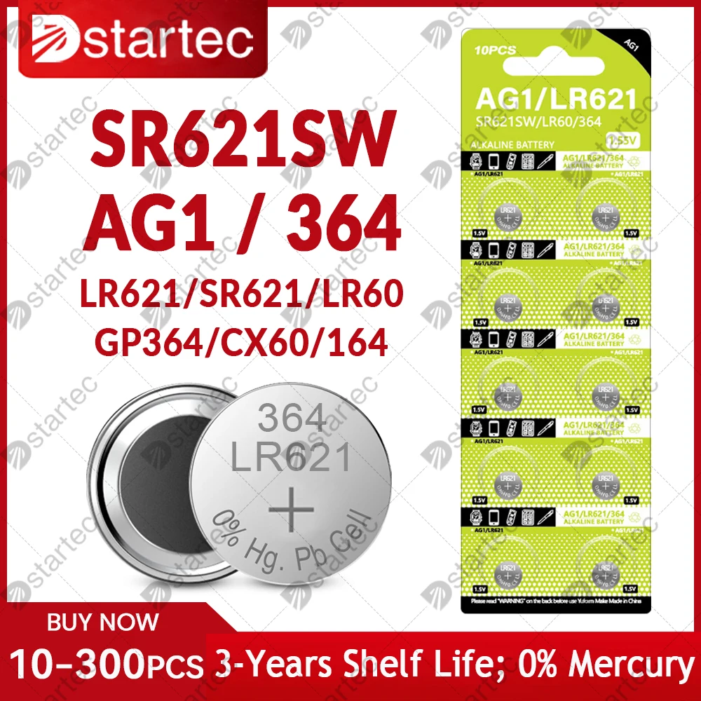 10-50PCS-LR621-AG1-Button-Batteries-SR621SW-364A-364-164-531-SR621-LR60 ...