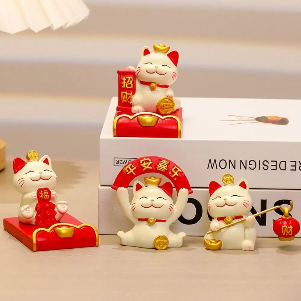 【Stylish】 Figurine Miniature Items Lucky Cat Phone Holder Resin Crafts Exquisite Animal Mobile Phone Stand Realistic Chinese Style.