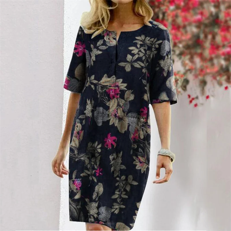 

Vintage Floral Print Half Sleeve Dresses Women's Splicing O Neck 2023 Summer Cotton Linen Dressy Female Daily Casual Midi Skirt