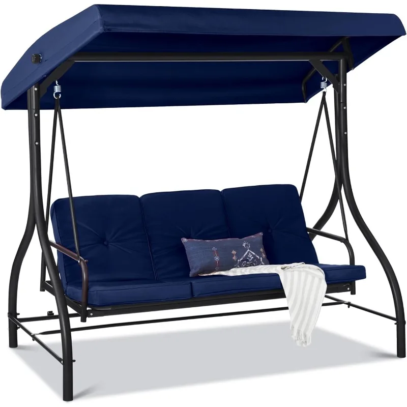 

3-Seat Outdoor Large Converting Canopy Swing Glider, Patio Hammock Lounge Chair for Porch, Backyard w/Flatbed, Adjustable