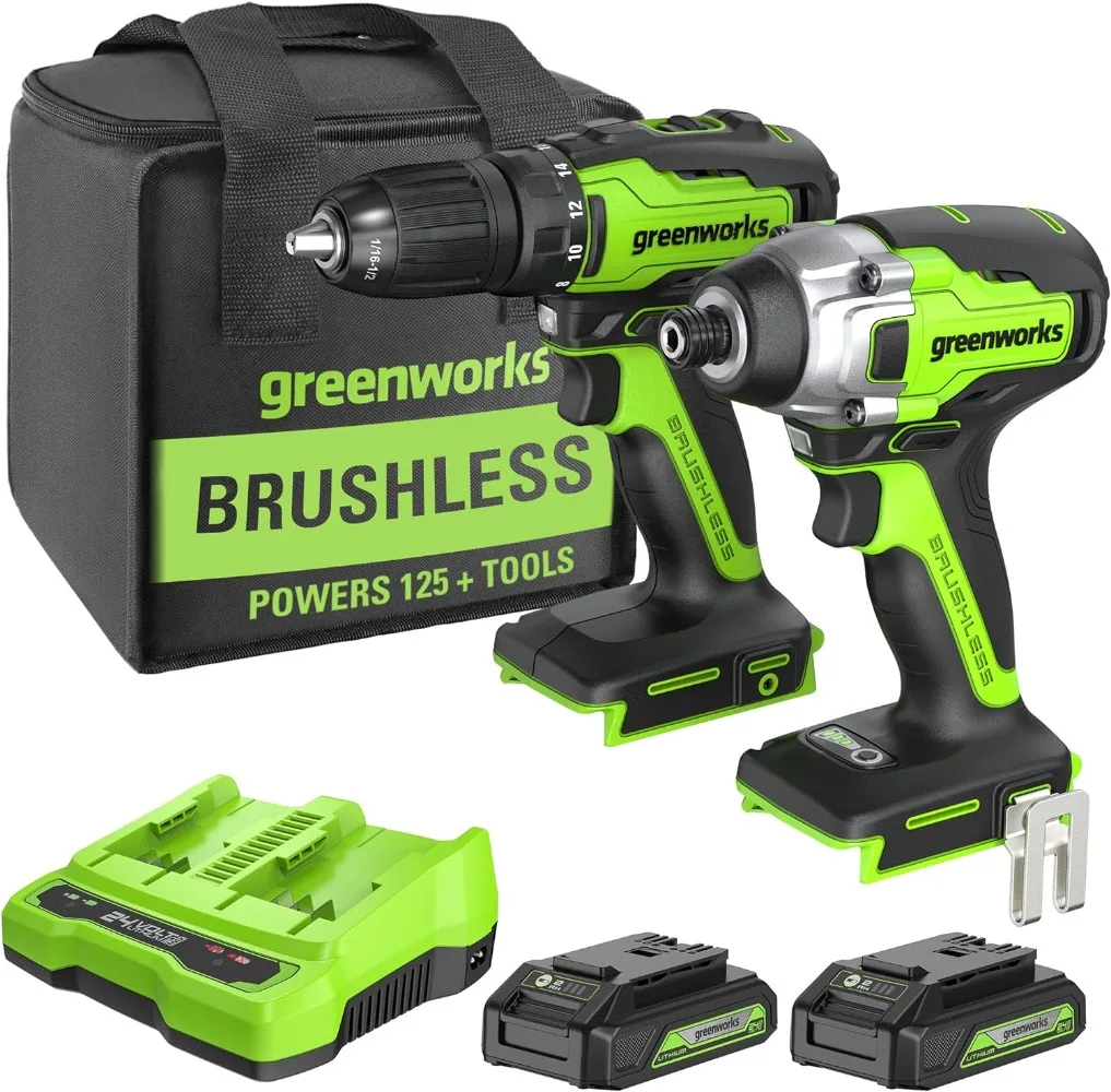 

Greenworks 24V Brushless 310 in./lbs Drill / Driver + 2650 in./lbs Impact Driver Combo Kit, (2) USB (Power Bank) Batteries